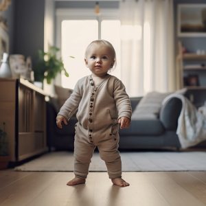 Baby's first steps. Mixed race baby learning to walk. Living room modern house, kid learning the way