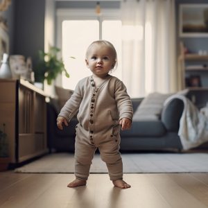 I primi passi del bambino. Bambino di razza mista che impara a camminare. Soggiorno di una casa moderna, bambino che impara la strada